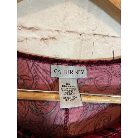 Catherines Velvet Top Womens 2X Cranberry Red Paisley Plus Stretch Pullover - Picture 4 of 13